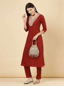 Anekaant - Droop Gold & Silver Palmette Embellished Suede Potli