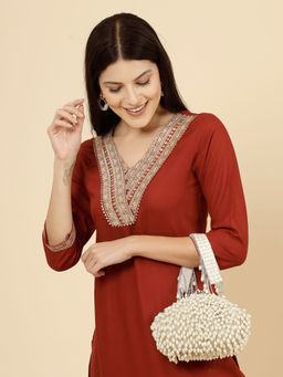 Anekaant - Droop Pearl & Off White Pearl Embellished Faux Silk Clutch with Detachable Strap