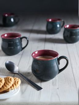Unravel India - Grey Ceramic Coffee Mugs - 150 Ml (Pack of 6)