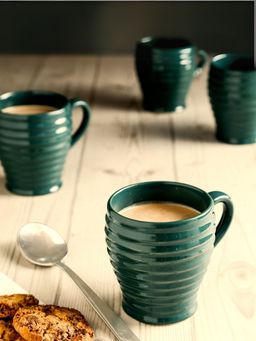 Unravel India - Green Ceramic Mugs - 150 Ml (Pack of 6)