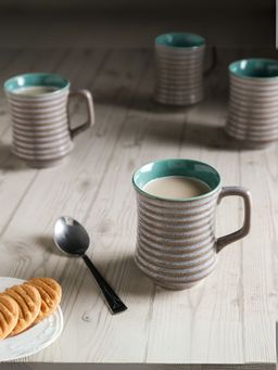 Unravel India - Grey & Blue Ceramic Coffee Mugs - 210 Ml (Pack of 6)