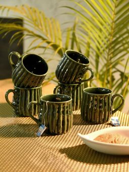 Unravel India - Green Studio Ceramic Coffee Mugs - 210 Ml (Pack of 6)