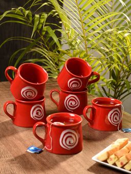 Unravel India - Red Ceramic Mugs - 150 Ml (Pack of 6)