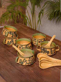 Unravel India - Brown Ceramic Soup Bowls With Spoons (Pack of 12)
