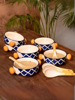 Unravel India - Multi-Color Ceramic Soup Bowls With Spoons (Pack of 12)