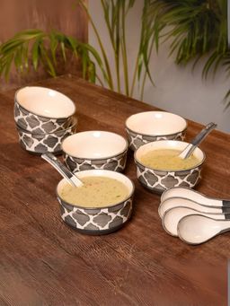 Unravel India - Black & White Ceramic Soup Bowls With Spoons (Pack of 12)