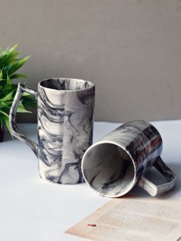 Unravel India - White & Black Ceramic Beer Mugs (Pack of 2)