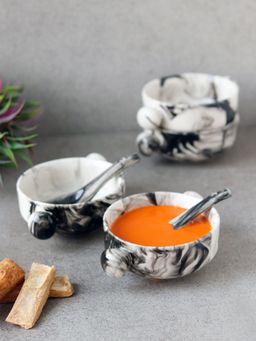 Unravel India - White & Black Ceramic Soup Bowls With Spoons (Pack of 12)