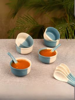 Unravel India - Blue & White Ceramic Soup Bowls With Spoons (Pack of 12)