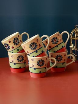 Unravel India - Multi-Color Ceramic Coffee Mugs - 150 Ml (Pack of 6)