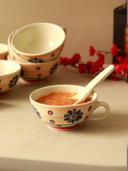 Unravel India - Multi-Color Ceramic Soup Bowls With Spoons (Pack of 12)