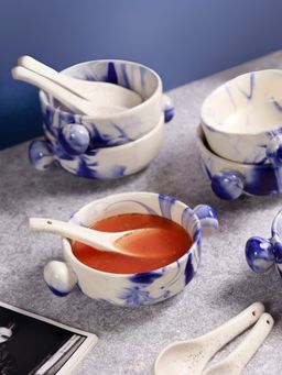 Unravel India - Blue & White Ceramic Soup Bowls With Spoons (Pack of 12)