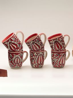 Unravel India - Red Ceramic Coffee/Tea Mugs (Pack of 6)