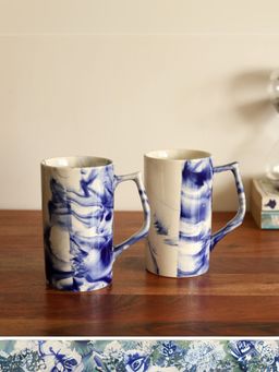 Unravel India - White & Blue Ceramic Beer Mugs (Pack of 2)