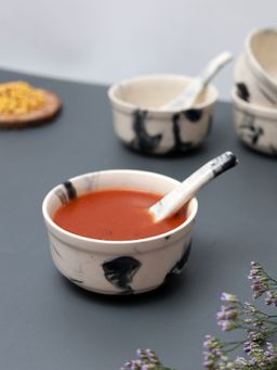 Unravel India - White & Black Ceramic Soup Bowls With Spoons (Pack of 12)
