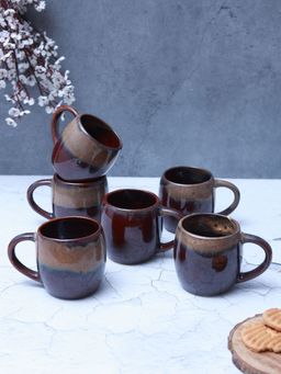 Unravel India - Maroon Grey Drip Dual Studio Tea/Coffee Mugs (Pack of 6)