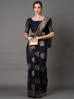 Akhilam - Women Linen Navy Blue Woven Design Saree with Unstitched Blouse Piece