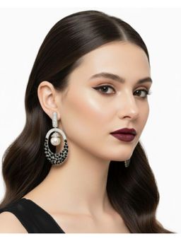 Shopsiiri - Noir Pearl Halo Rhodium Finish Earrings