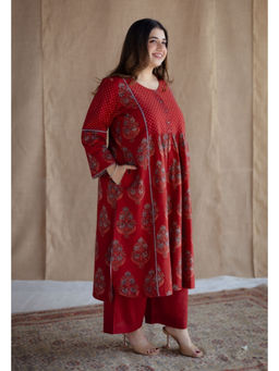 The Indian Ethnic Co. - Maroon A-Line Ajrakh Hand block Printed Cotton Kurta