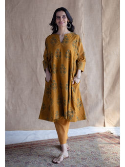 The Indian Ethnic Co. - Mustard Loose Ajrakh Hand Embroidery Cotton Kurta