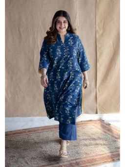 The Indian Ethnic Co. - Indigo Straight Ajrakh Hand block Printed Cotton Kurta
