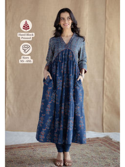 The Indian Ethnic Co. - Indigo A-Line Ajrakh Hand block Printed Cotton Anarkali Kurta