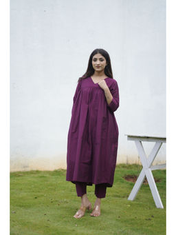 Ethnic Elements - Cotton Silk Anarkali Kurta with Pant- Purple (Set of 2)