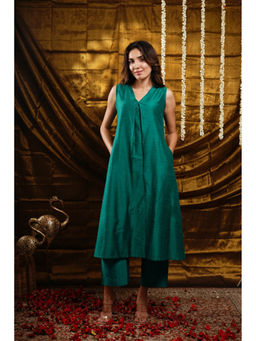 Ethnic Elements - Cotton Silk Kurta with Pant - Emerald Green (Set of 2)