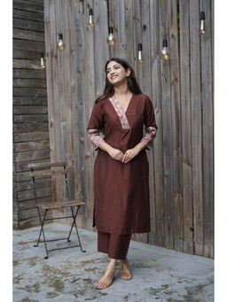 Ethnic Elements - Cotton Silk Kurta with Pant - Copper Brown (Set of 2)