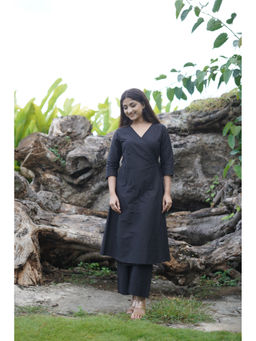 Ethnic Elements - Cotton Silk Angrakha Kurta with Pant -Soot Black (Set of 2)