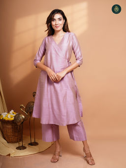 Ethnic Elements - Cotton Silk Angrakha Kurta with Pant - Lavender (Set of 2)