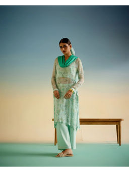 Shetab Kazmi - Flour Green Kameez Kurta with Palazzo and Dupatta (Set of 3)