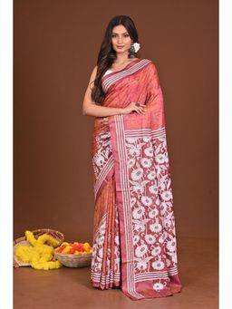 Ramshyam Collection - Womens Kantha Silk Blend Printed Thread Work Coral Saree with Unstitched Blouse
