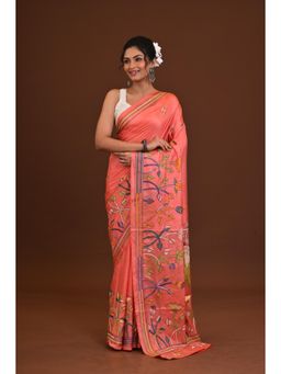 Ramshyam Collection - Womens Kantha Art Silk Embroidered Coral Saree with Unstitched Blouse