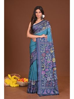 Ramshyam Collection - Womens Kantha Silk Blend Thread Work Blue Saree with Unstitched Blouse
