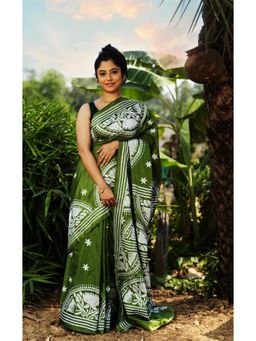 Ramshyam Collection - Womens Kantha Silk Blend Thread Work Green Saree with Unstitched Blouse