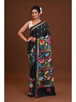 Ramshyam Collection - Womens Kantha Art Silk Embroidered Black Saree with Unstitched Blouse