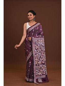 Ramshyam Collection - Womens Kantha Art Silk Thread Work Purple Saree with Unstitched Blouse