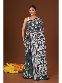 Ramshyam Collection - Womens Kantha Silk Blend Thread Work Green Saree with Unstitched Blouse