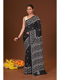 Ramshyam Collection - Womens Kantha Silk Blend Thread Work Black Saree with Unstitched Blouse