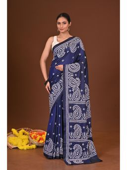 Ramshyam Collection - Womens Kantha Silk Blend Thread Work Blue Saree with Unstitched Blouse