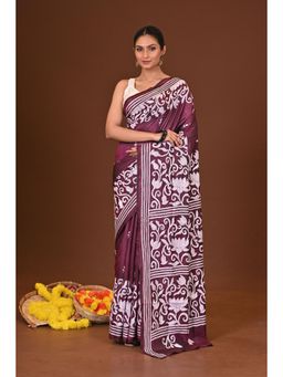 Ramshyam Collection - Womens Kantha Silk Blend Thread Work Purple Saree with Unstitched Blouse