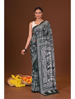 Ramshyam Collection - Womens Kantha Silk Blend Thread Work Green Saree with Unstitched Blouse