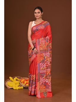Ramshyam Collection - Womens Kantha Silk Blend Embroidered Red Saree with Unstitched Blouse