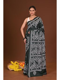Ramshyam Collection - Womens Kantha Silk Blend Thread Work Green Saree with Unstitched Blouse