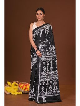 Ramshyam Collection - Womens Kantha Silk Blend Thread Work Black Saree with Unstitched Blouse