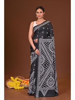 Ramshyam Collection - Womens Kantha Silk Blend Thread Work Black Saree with Unstitched Blouse