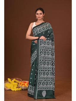 Ramshyam Collection - Womens Kantha Silk Blend Printed Green Saree with Unstitched Blouse
