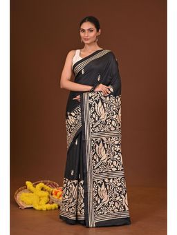 Ramshyam Collection - Womens Kantha Silk Blend Thread Work Black Saree with Unstitched Blouse
