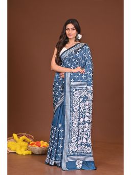 Ramshyam Collection - Womens Kantha Silk Blend Printed Teal Saree with Unstitched Blouse